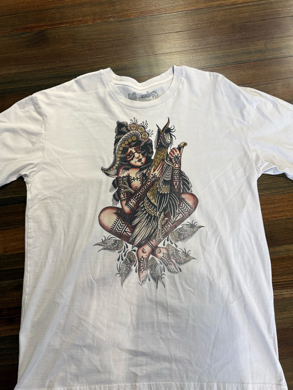 White Short-Sleeve Graphic Tee with Tribal Goddess Artwork